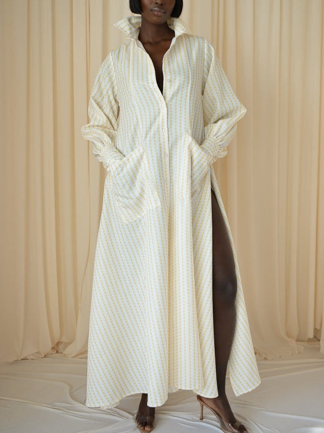 Yellow & White Diamond Stripes Maxi Flared Shirt Dress