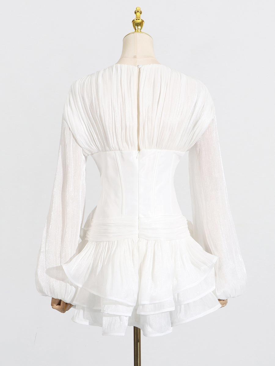 Elegant Puff Sleeves and Ruffle Details White Dress