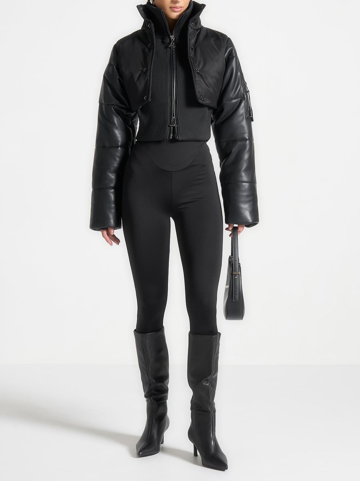 Leather and Nylon Layered Puffer Jacket