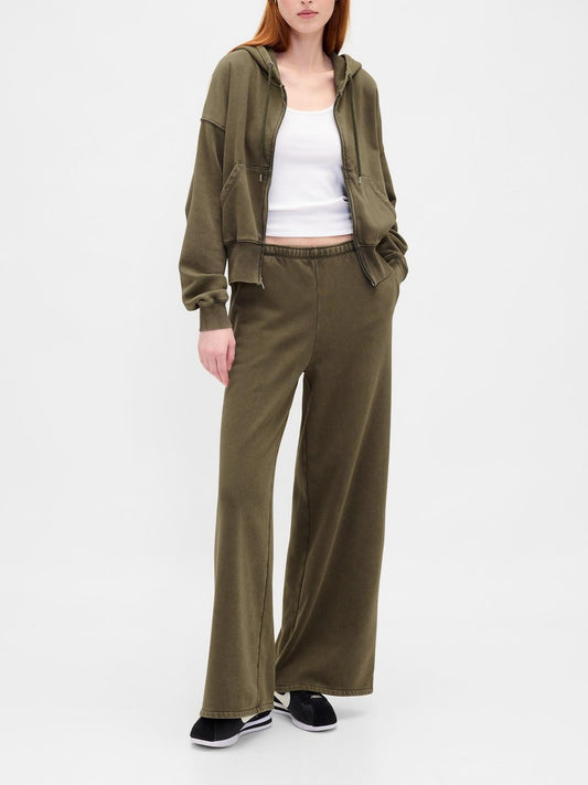 Olive Green Activewear Set: Hoodie with Wide - Leg Sweatpant