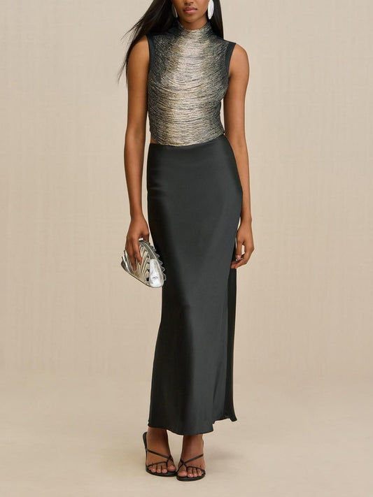 Elegant Black Ensemble: Sleeveless Fringe Top Paired with Flowing Satin Skirt