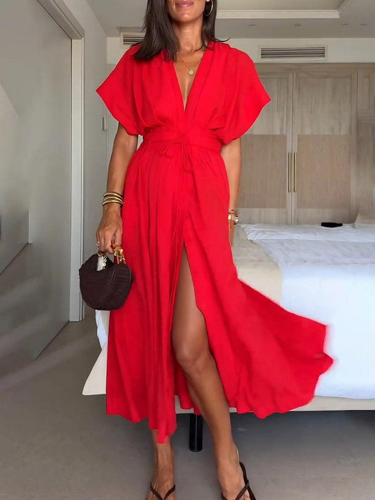 Stunning Red V - neck Maxi Dress with Slit and Tie - Waist