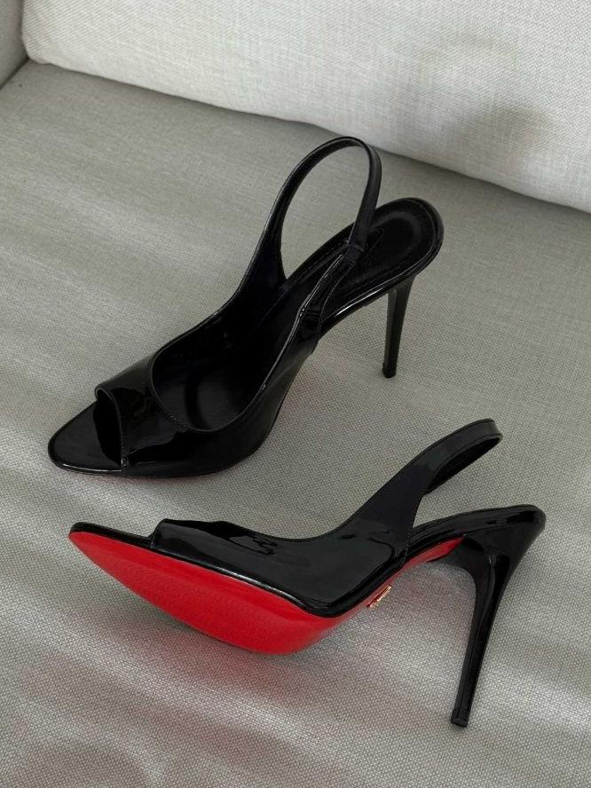 Open-Toe Slim Heel 10cm Black Patent Leather High Heel Shoes