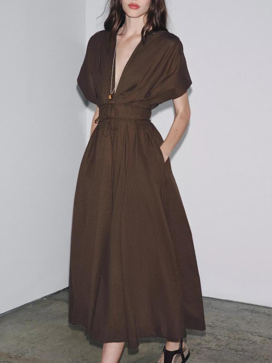 Stunning Red V - neck Maxi Dress with Slit and Tie - Waist