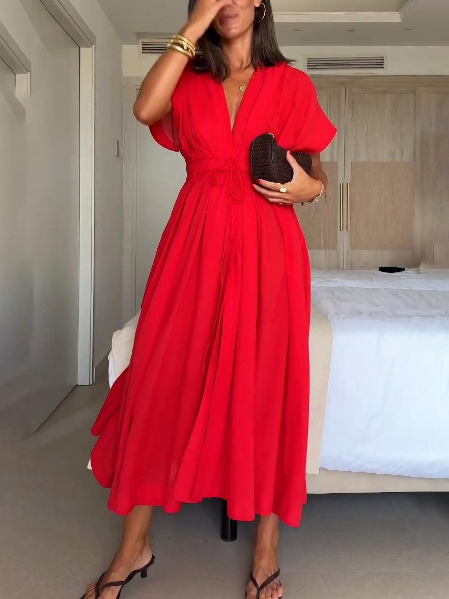 Stunning Red V - neck Maxi Dress with Slit and Tie - Waist