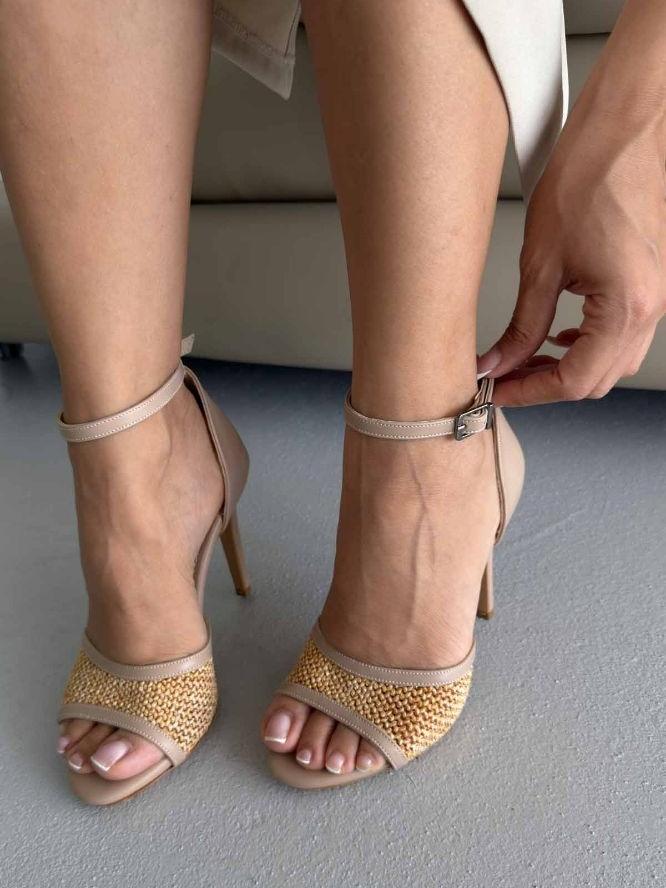 Slim Heel 10cm Woven Beige High Heel Shoes