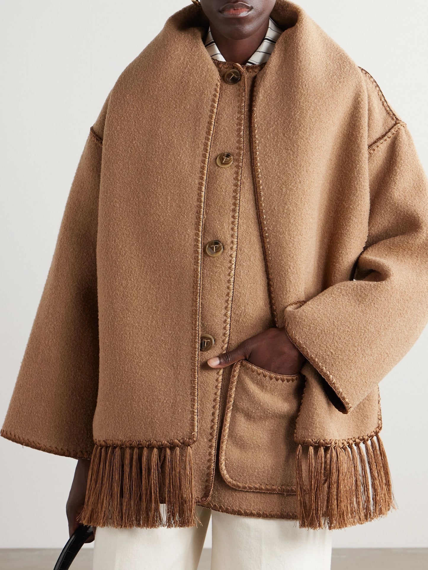 Draped fringed wool-blend bouclé jacket