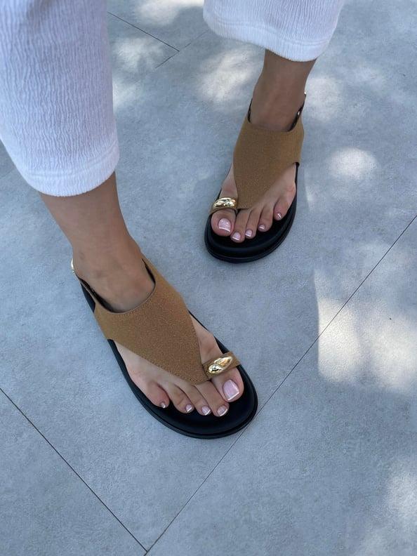 Suede Color Accessory Detailed Flat Sole Sandals