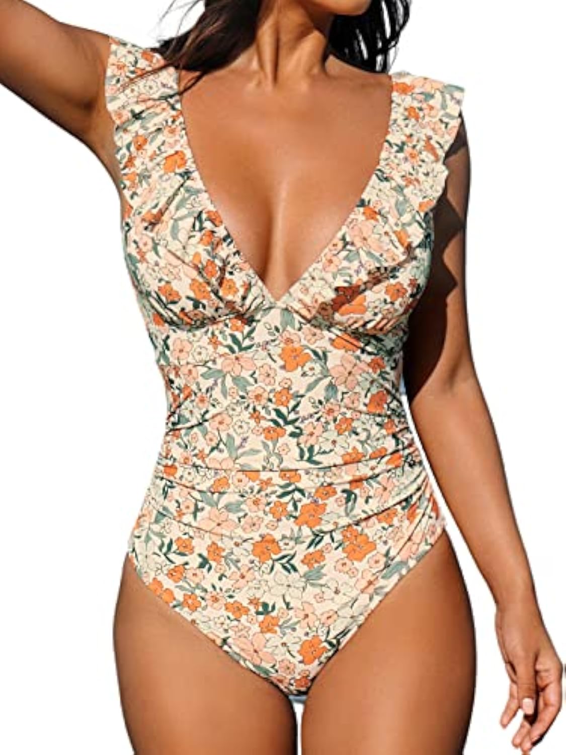 Ruffled One Piece Swimsuit V Neck Lace Up