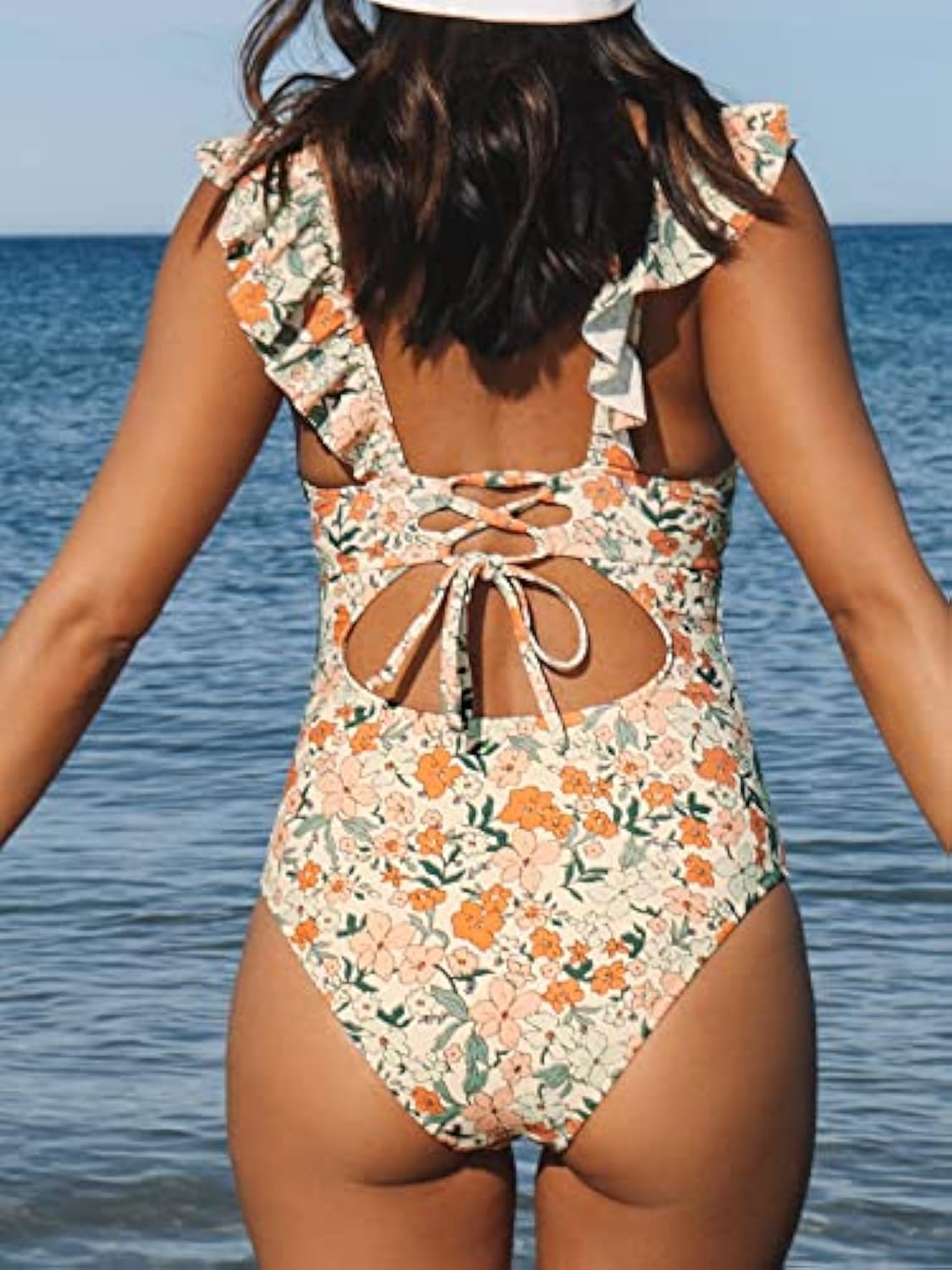 Ruffled One Piece Swimsuit V Neck Lace Up