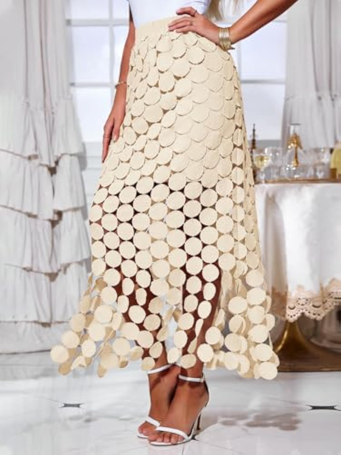 Elegant Cream Circle - Embellished Midi Skirt