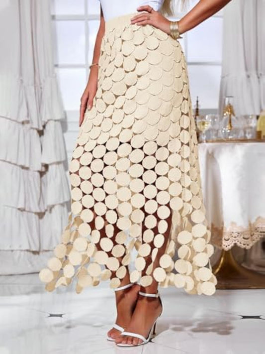 Elegant Cream Circle - Embellished Midi Skirt