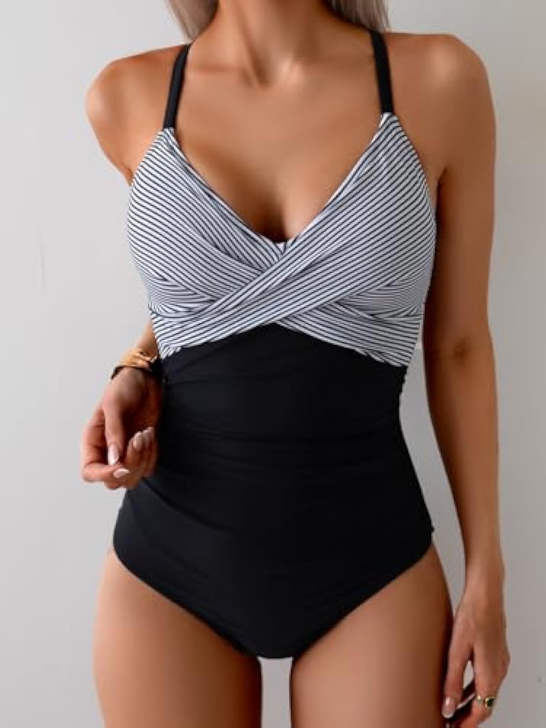 Cross Bathing Suits Tie Back Slimming V Neck Swimwear