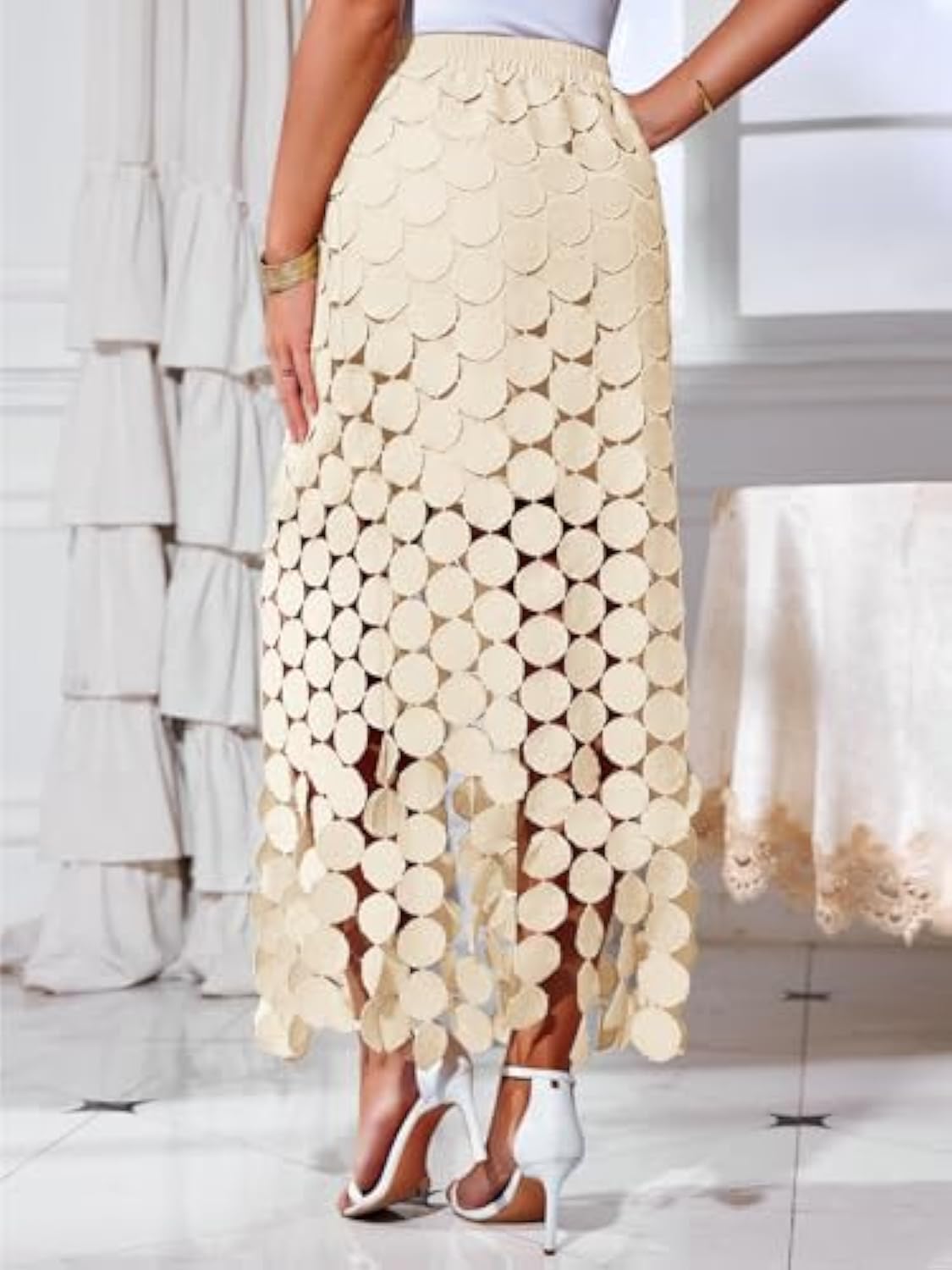 Elegant Cream Circle - Embellished Midi Skirt