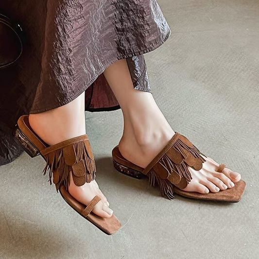 Suede Fringed Square-Head Slippers