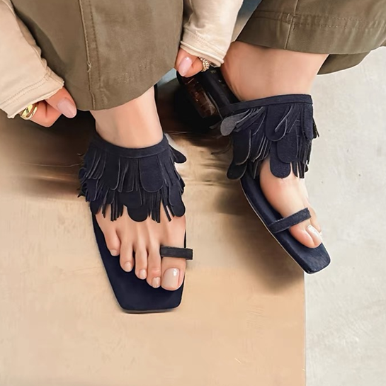 Suede Fringed Square-Head Slippers
