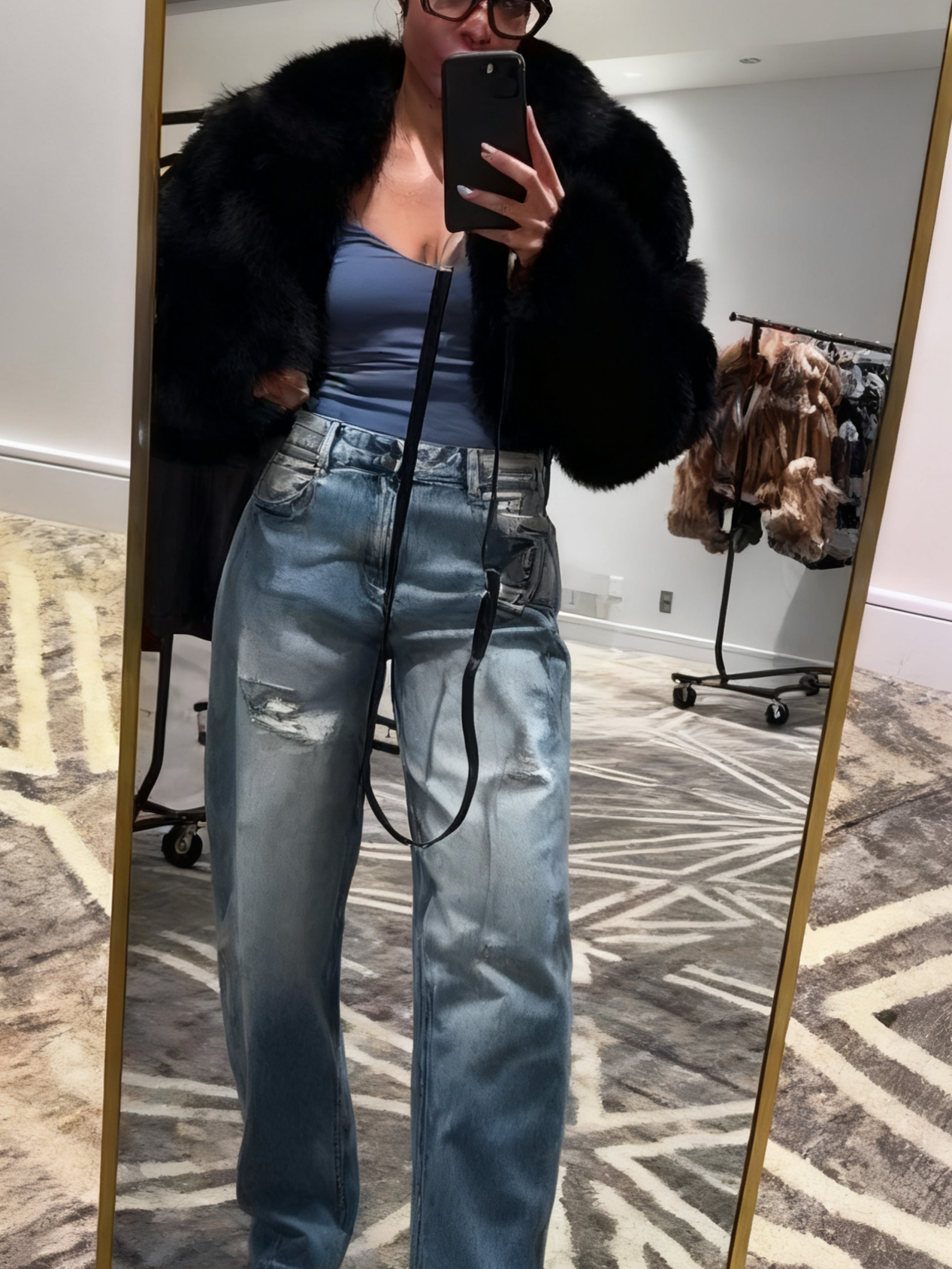 Luxury Black Faux Fur Cropped Jacket