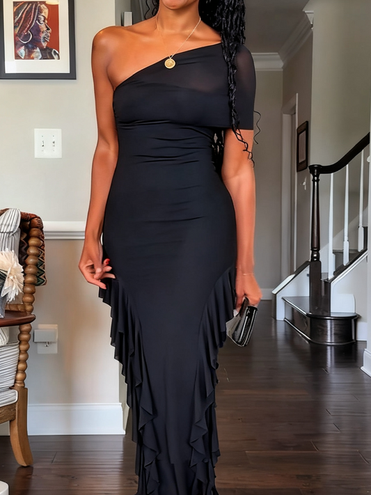 Sexy Strapless One Shoulder Maxi Dress