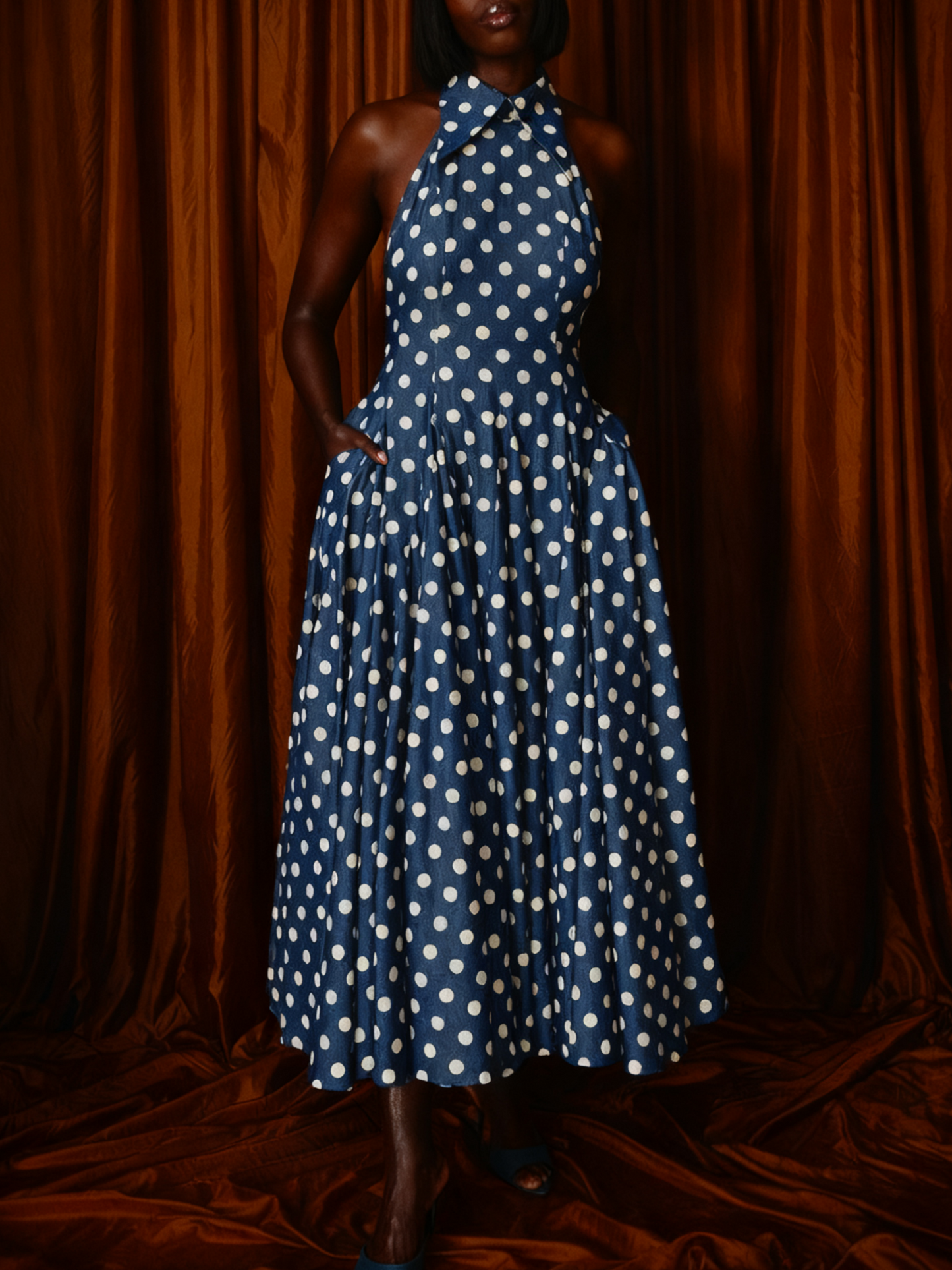 PolkaDot Denim Backless Midi Dress