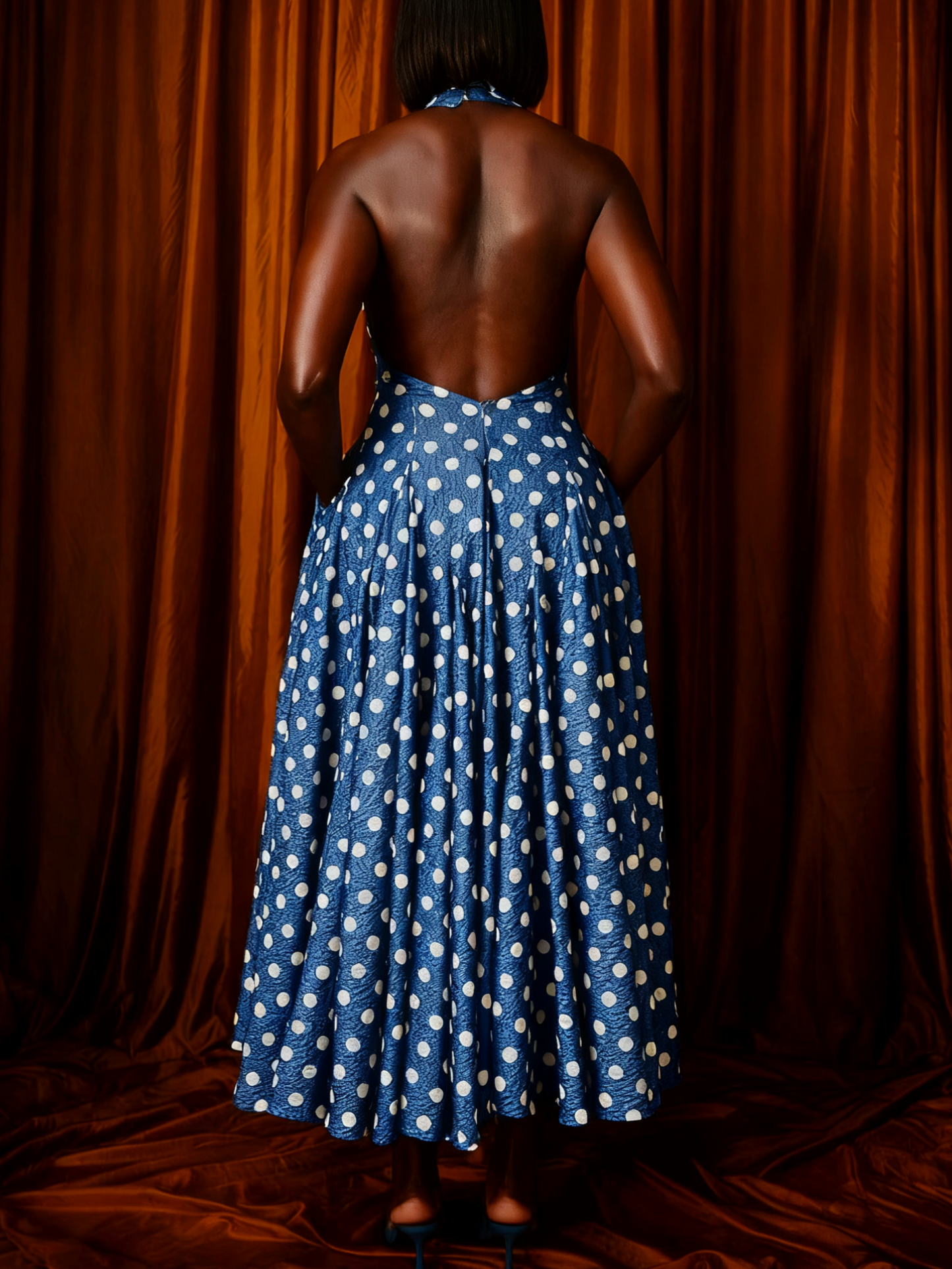 PolkaDot Denim Backless Midi Dress
