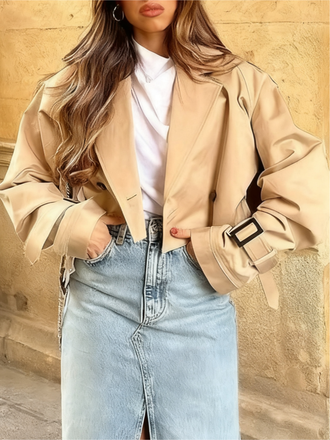 Cropped Long Sleeve Belted Trench Coat