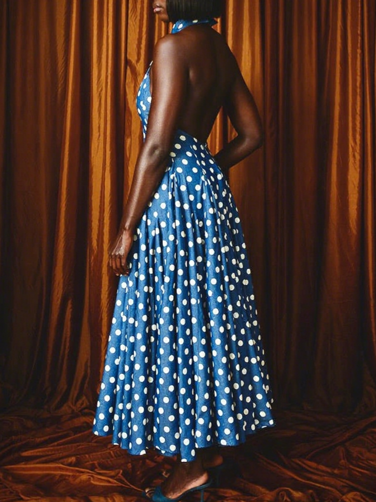 PolkaDot Denim Backless Midi Dress