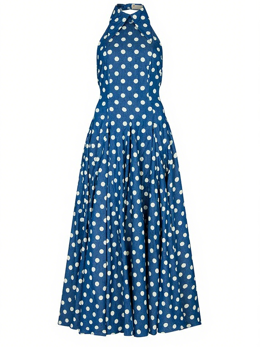 PolkaDot Denim Backless Midi Dress