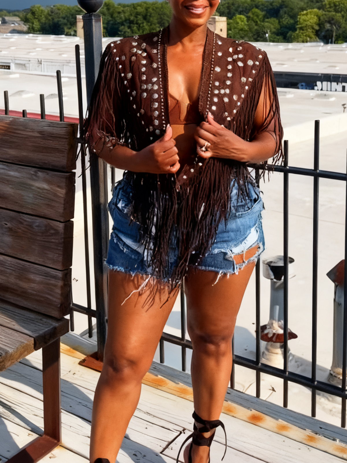 Western Style Brown Fringe Vest with Studded Details - Suede Cropped Waistcoat