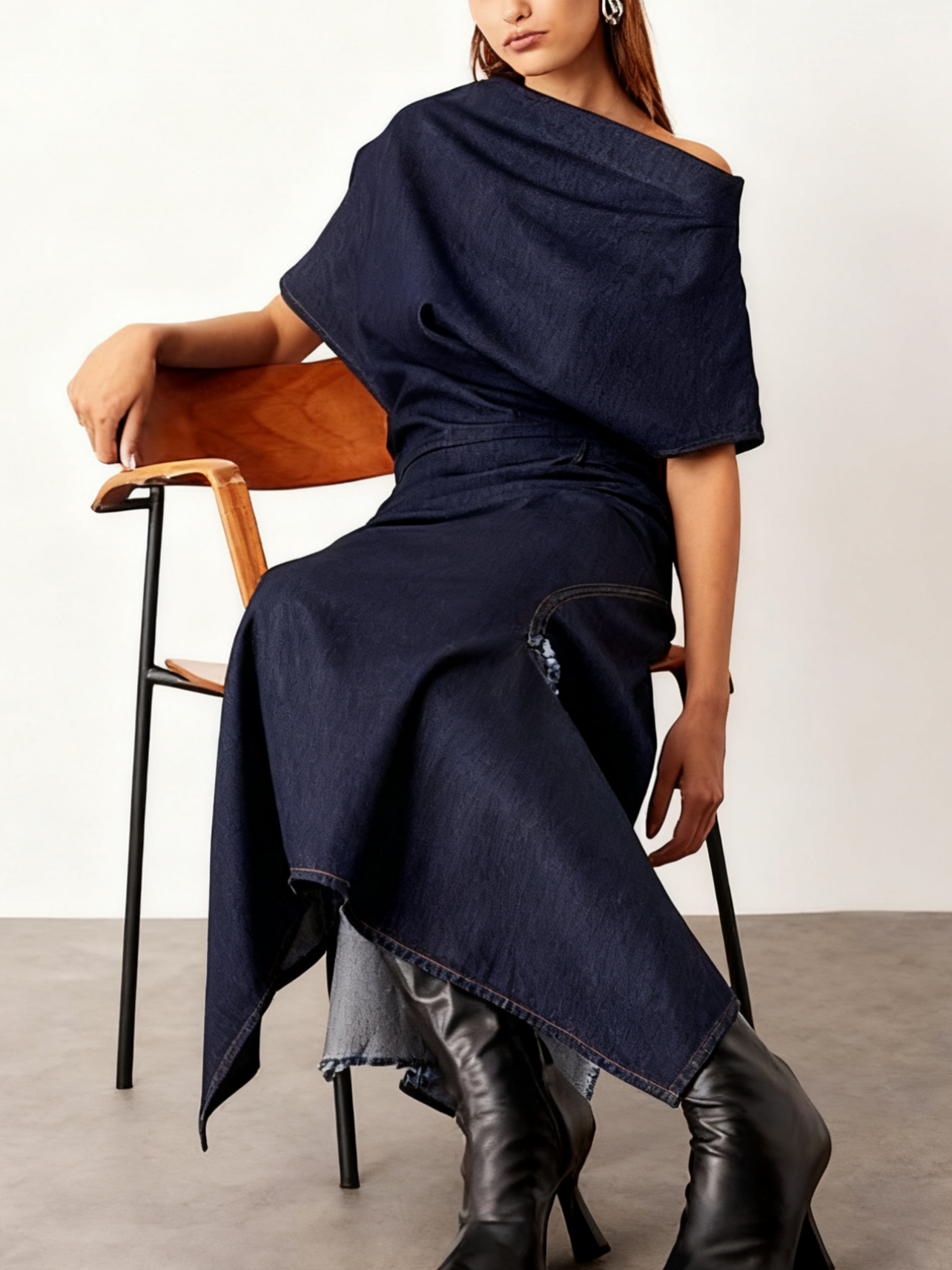 Draped Denim Maxi Dress