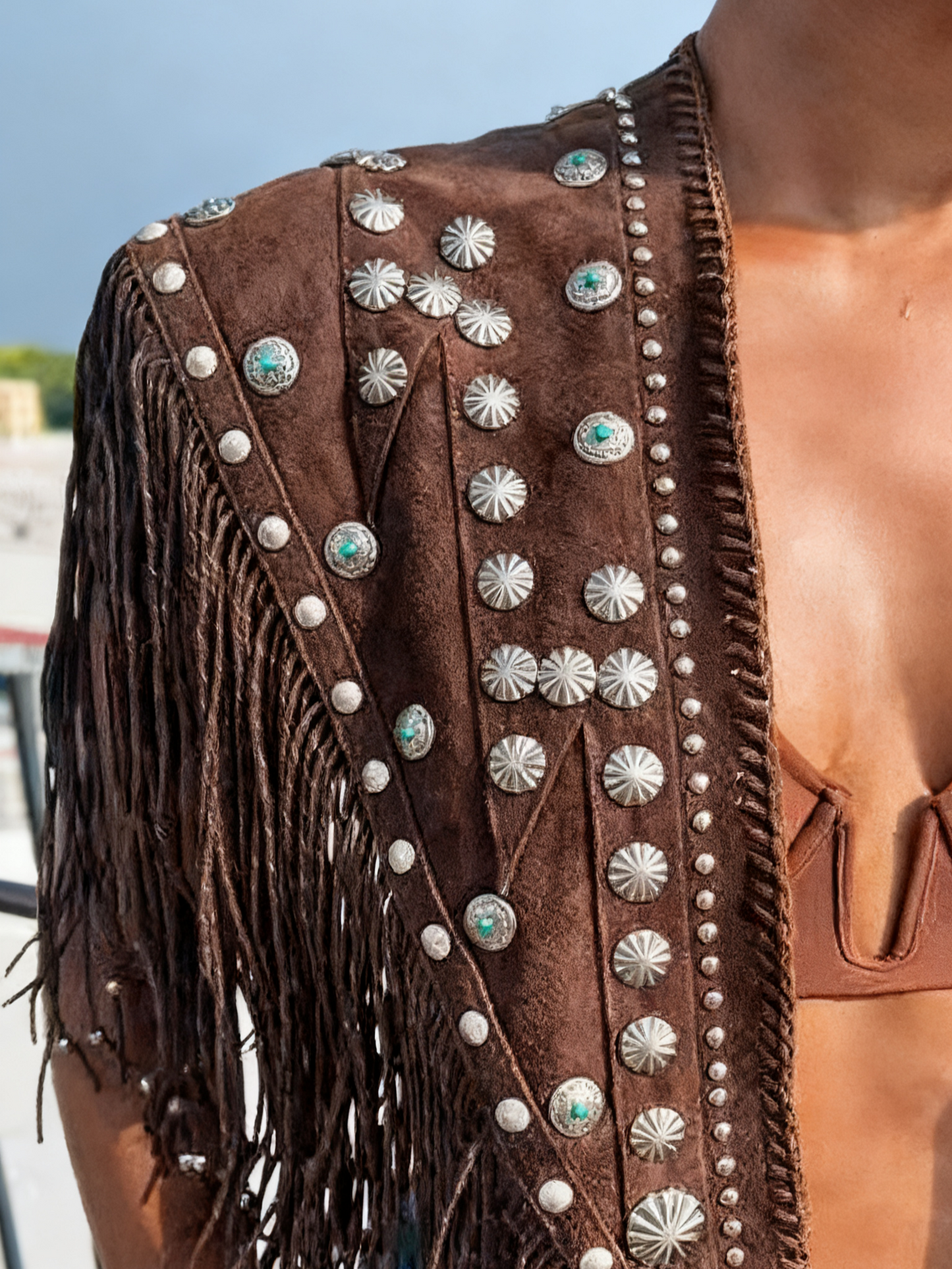 Western Style Brown Fringe Vest with Studded Details - Suede Cropped Waistcoat