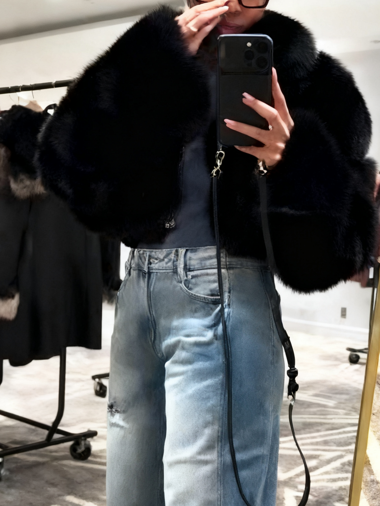 Luxury Black Faux Fur Cropped Jacket