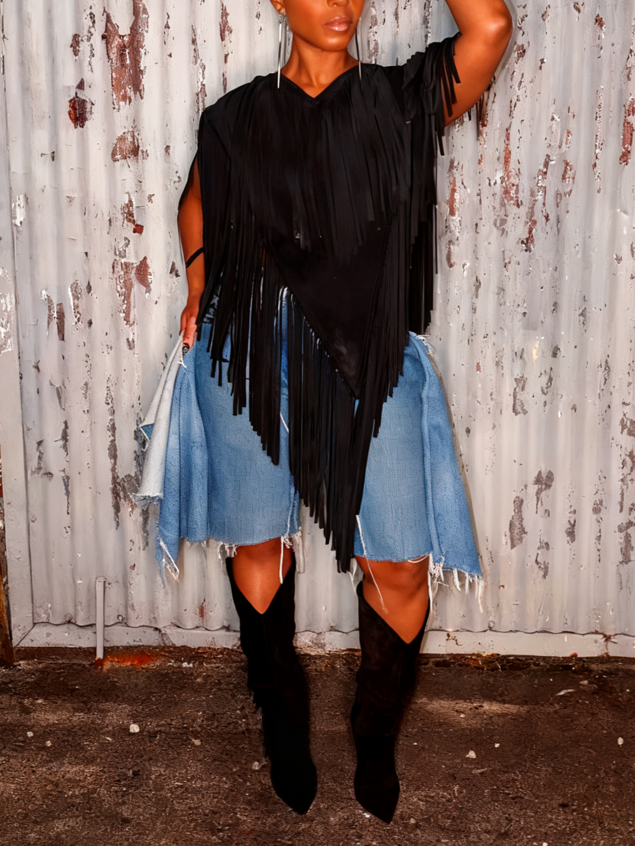 Black Fringe Detail V - Neck Top