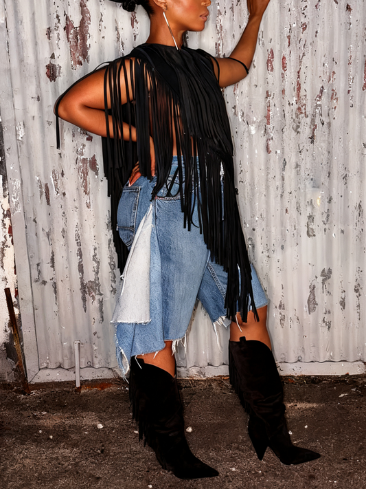 Black Fringe Detail V - Neck Top