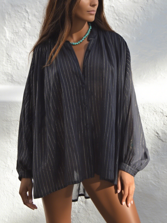 Elegant Black & Gold Striped V - Neck Blouse