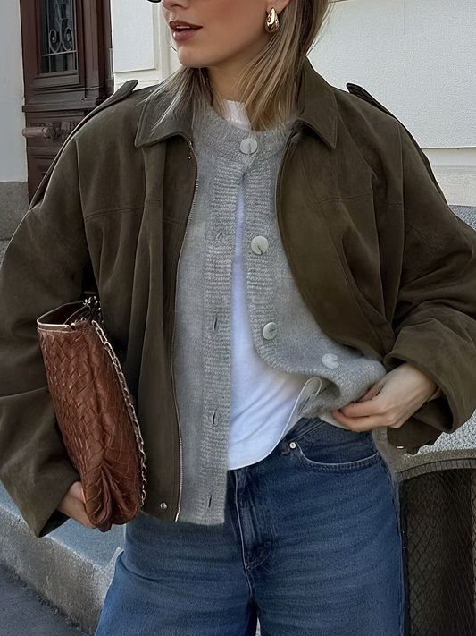 Suede Bomber Zipper Pilot Oversized Jacket