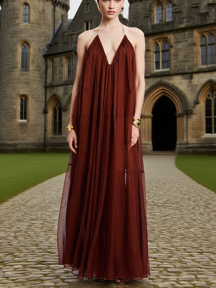 Elegant Burgundy Halter Maxi Dress