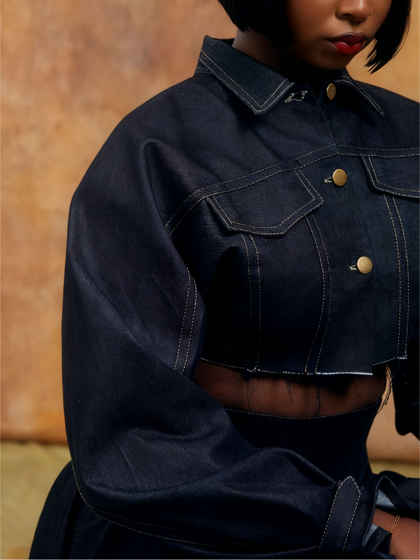 Denim Two - Piece Set: Cropped Jacket with Asymmetric Hem Skirt