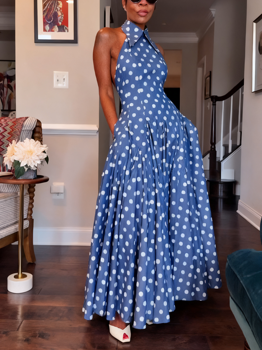 PolkaDot Denim Backless Midi Dress