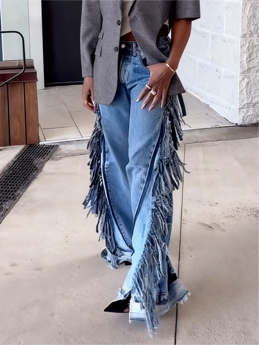Stylish Elastic Waist Fringe Jeans