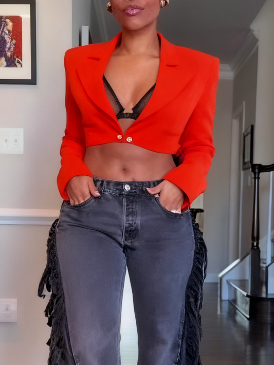 Structured Crepe Tailored Corset Back Notch Neck Cropped Blazer