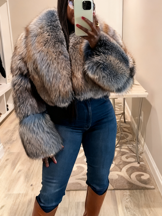 Luxury Multi - Colored Fox Fur Cropped Jacket