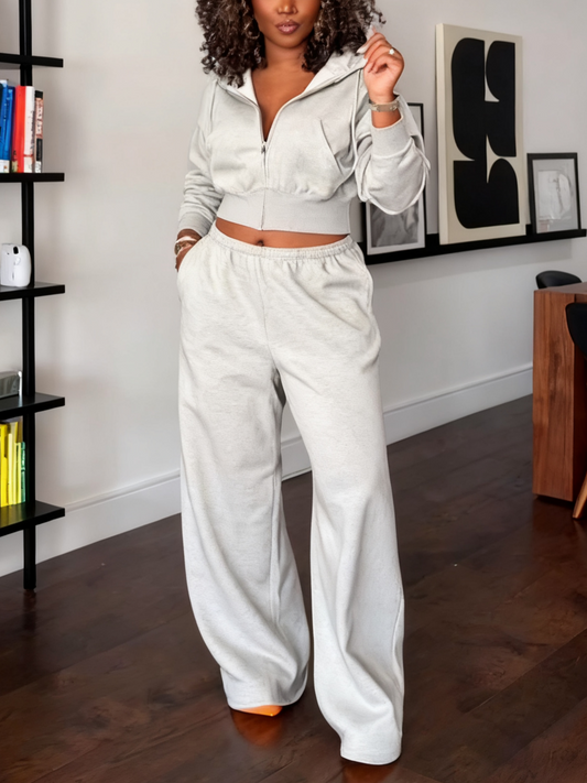 Light Grey Activewear Set: Hoodie with Wide - Leg SweatPant