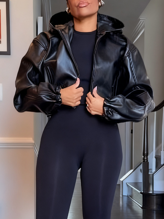 Faux Leather Cropped Hooded Jacket
