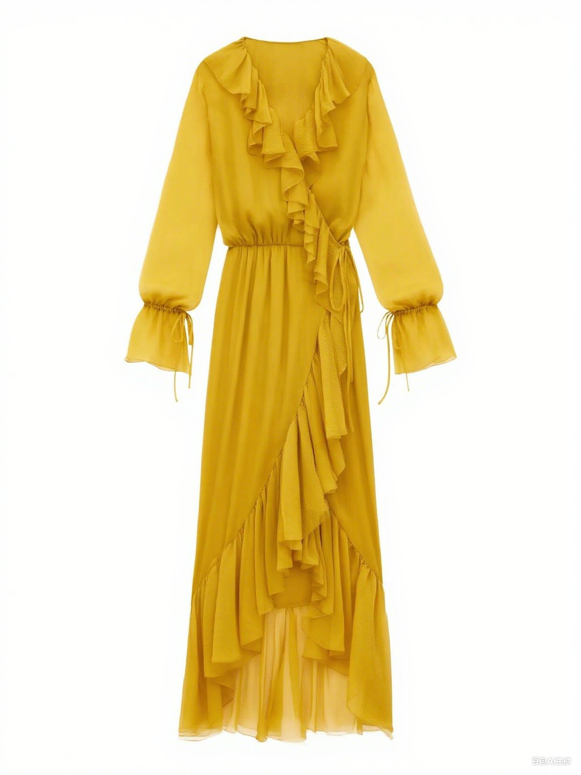 Ruffled Wrap Yellow Midi Dress