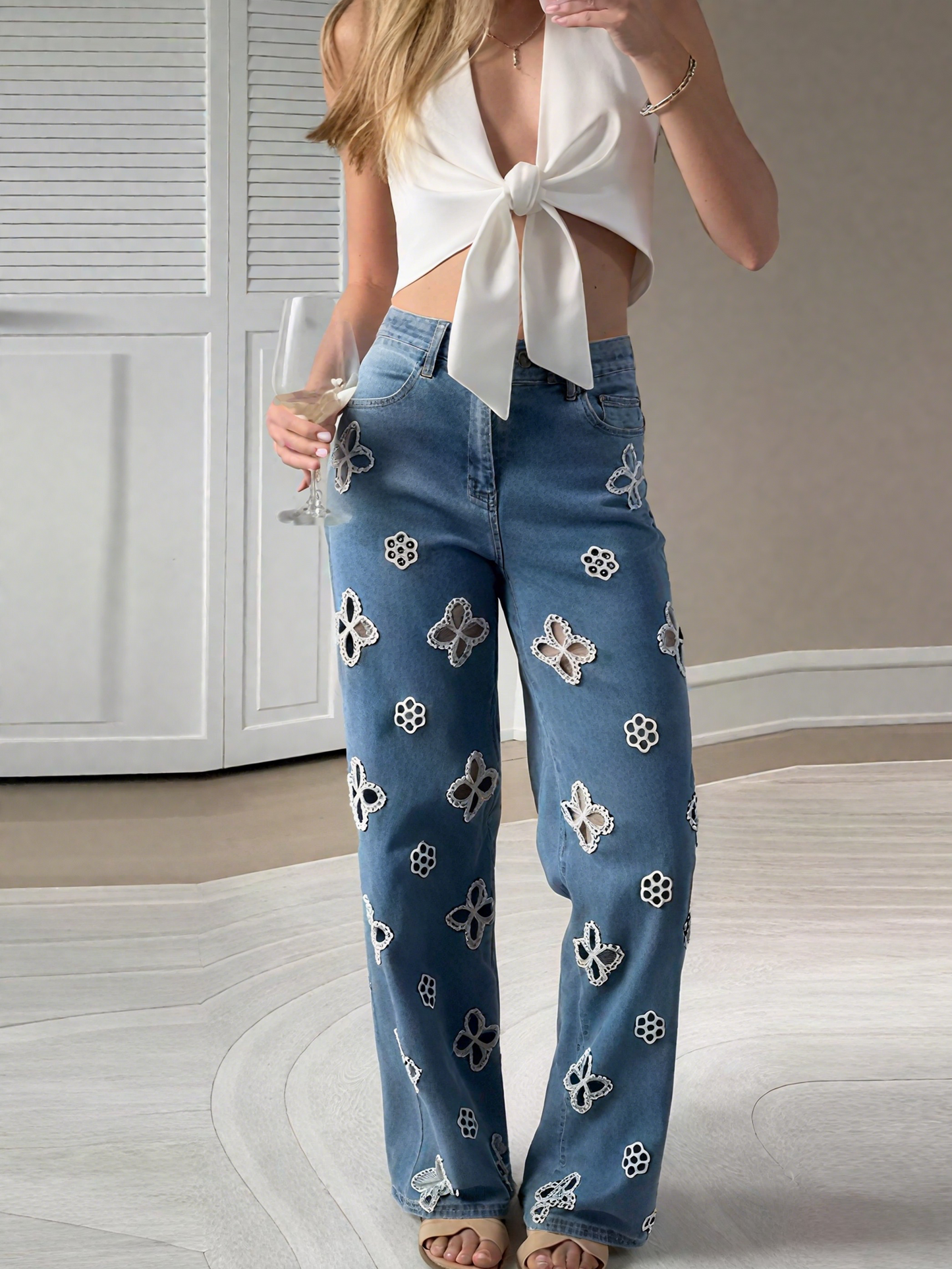 Embroidered Pearl Hollow-out Stretch Straight Pants