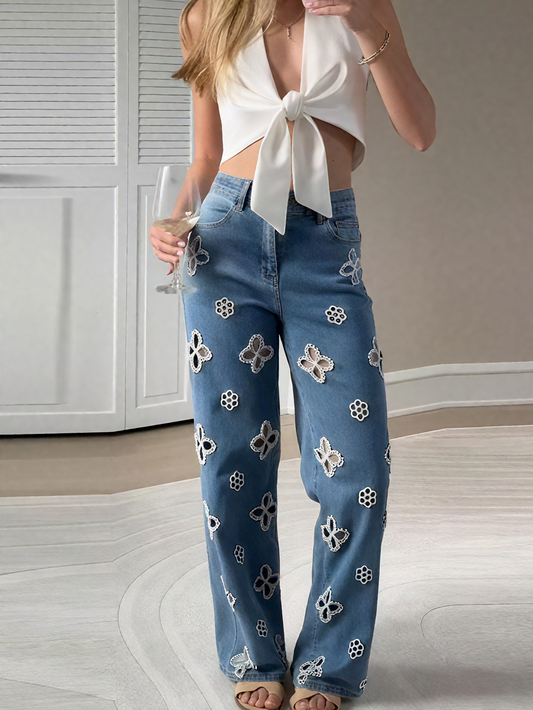 Embroidered Pearl Hollow-out Stretch Straight Pants