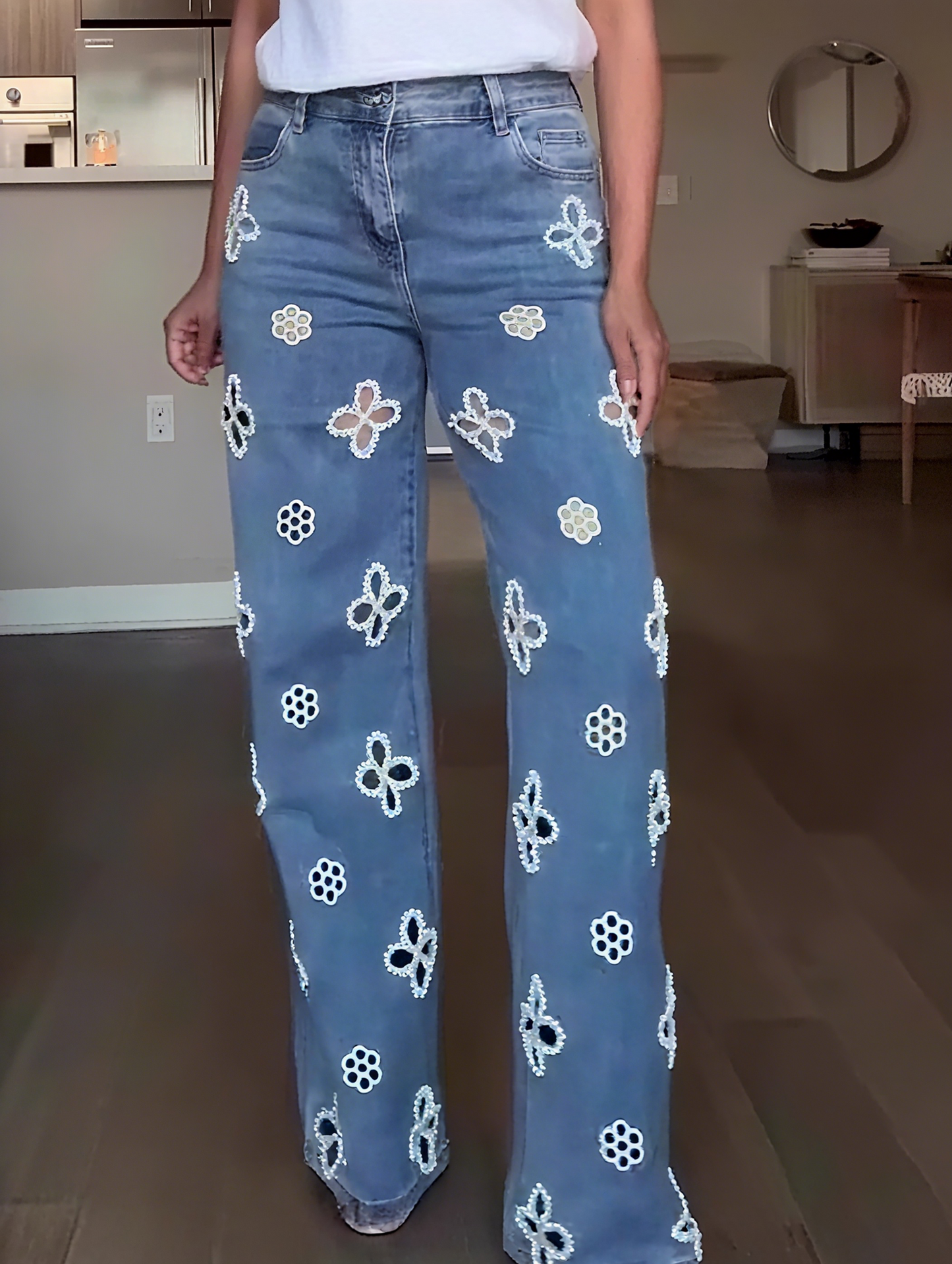 Embroidered Pearl Hollow-out Stretch Straight Pants