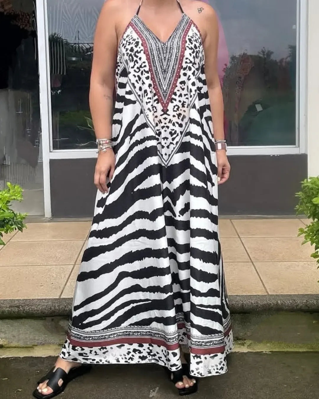 Stylish Zebra Print Striped Maxi Dress