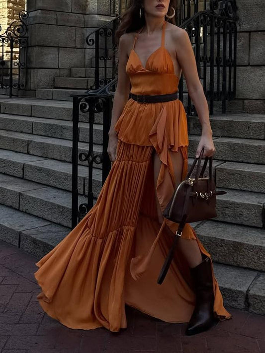 Elegant Temperament: Orange - red Backless Slit Two Piece Dress
