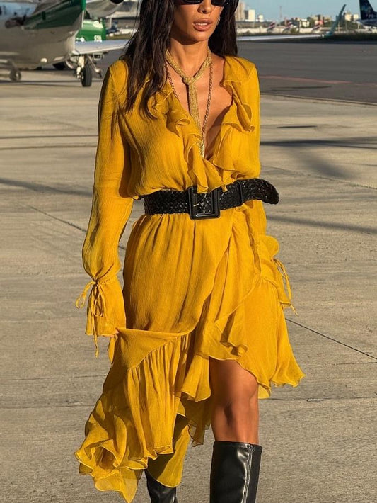 Ruffled Wrap Yellow Midi Dress